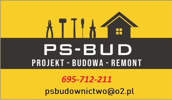 Logo firmy budowlanej PS-BUD w kolorach żółtym i szarym, z ikonami narzędzi i domu, oraz danymi kontaktowymi.