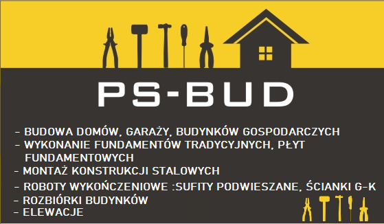Żółto-szare logo firmy budowlanej PS-BUD z ikonami narzędzi i domu, oferującej budowę domów, garaży, fundamentów, montaż konstrukcji stalowych, roboty wykończeniowe, rozbiórki i elewacje.