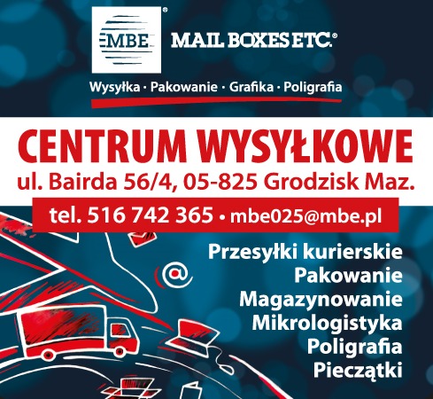 Reklama centrum wysyłkowego z adresem, numerem telefonu i adresem e-mail, oferującego przesyłki kurierskie, pakowanie, magazynowanie, mikrologistykę, poligrafię i pieczątki.