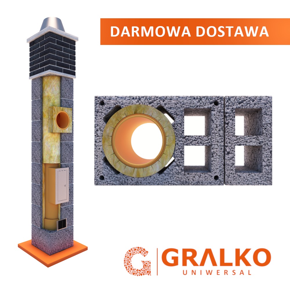 Przekrój komina systemowego z wentylacją i wkładem ceramicznym prezentowany przez firmę z Sieradza, z widocznymi bloczkami kominowymi i izolacją termiczną. Grafika zawiera logo firmy i napis...