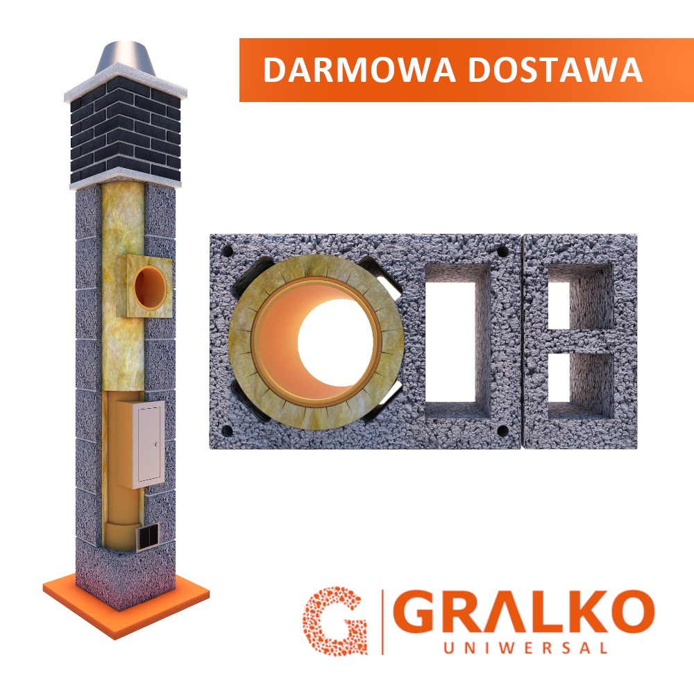 Przekrój komina systemowego z wkładem ceramicznym i izolacją, widoczne elementy montażowe, oferta darmowej dostawy i logo firmy GralKo.