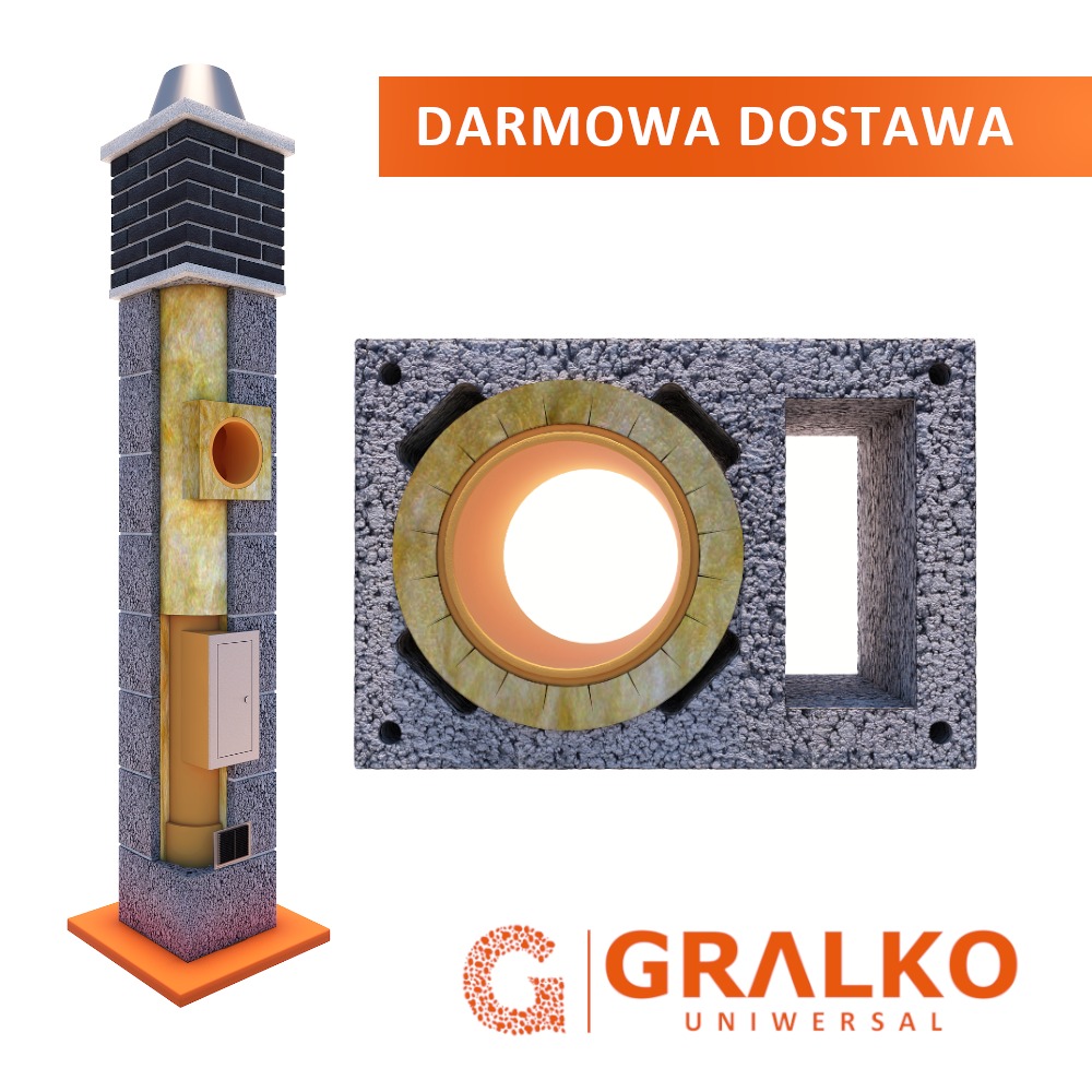 Schemat przekroju komina z izolacją termiczną, widok z boku i od góry, z uwzględnieniem warstw i materiałów, obok logo firmy GralKo i napis Darmowa Dostawa.