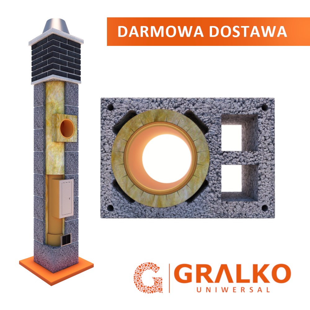 Schemat przekroju komina z izolacją i elementami montażowymi, obok przekrój poprzeczny z widoczną izolacją wokół rury i pustaki. Na górze napis 'Darmowa Dostawa' oraz logo firmy.