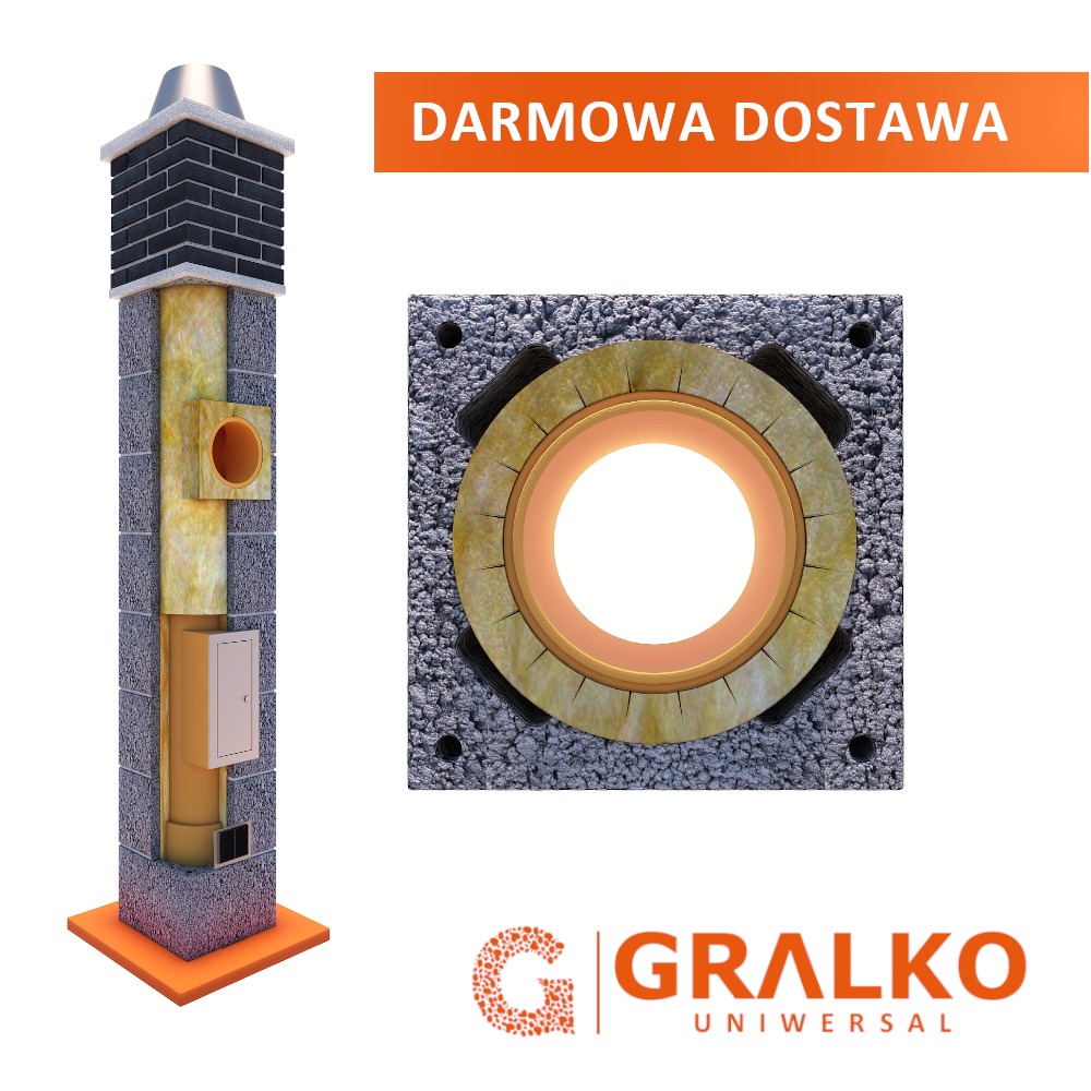 Przekrój komina systemowego z izolacją, widoczne elementy konstrukcyjne i wykończenie cegłą klinkierową, obok zbliżenie na otwór kominowy z izolacją. Nadruk 'DARMOWA DOSTAWA'.