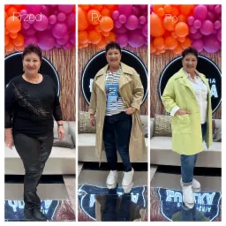 Kolaż trzech zdjęć kobiety przed i po zmianie stylizacji, z dekoracją z balonów w tle.