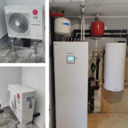 Instalacja pompy ciepła LG Therma V w Gdańsku. Widoczne jednostki wewnętrzna i zewnętrzna oraz zbiornik buforowy. Rury i osprzęt hydrauliczny podłączone do systemu grzewczego.