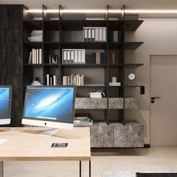 Natalia Korczyńska - Wizualizacja nowoczesnego biura domowego z dwoma monitorami Apple iMac na jasnym biurku, minimalistycznym regałem z ciemnego drewna i marmurowymi akcentami, oświetleniem LED i elementami...