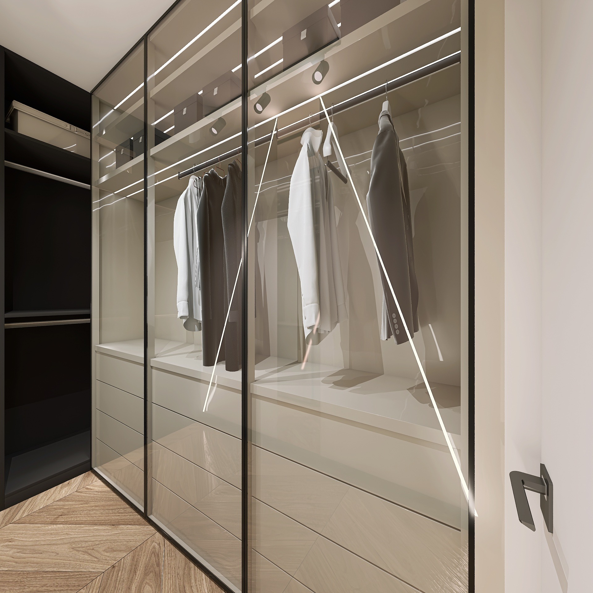 Nowoczesna garderoba z przesuwnymi szklanymi drzwiami, podświetleniem LED i drewnianą podłogą w jodełkę. Wnętrze w neutralnej kolorystyce z ubraniami na wieszakach.