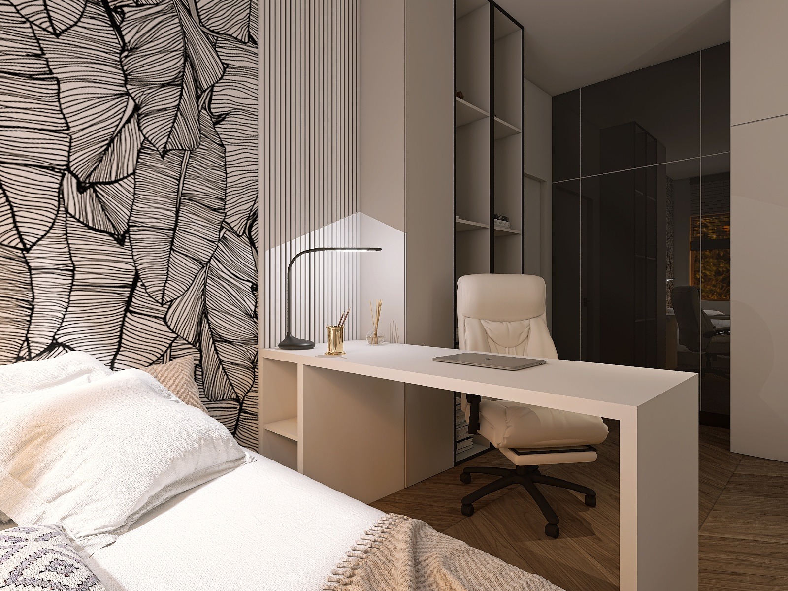 Nowoczesny pokój z miejscem do pracy: biurko z lampką i laptopem, krzesło biurowe, wzorzysta tapeta z motywem liści i minimalistyczny regał.