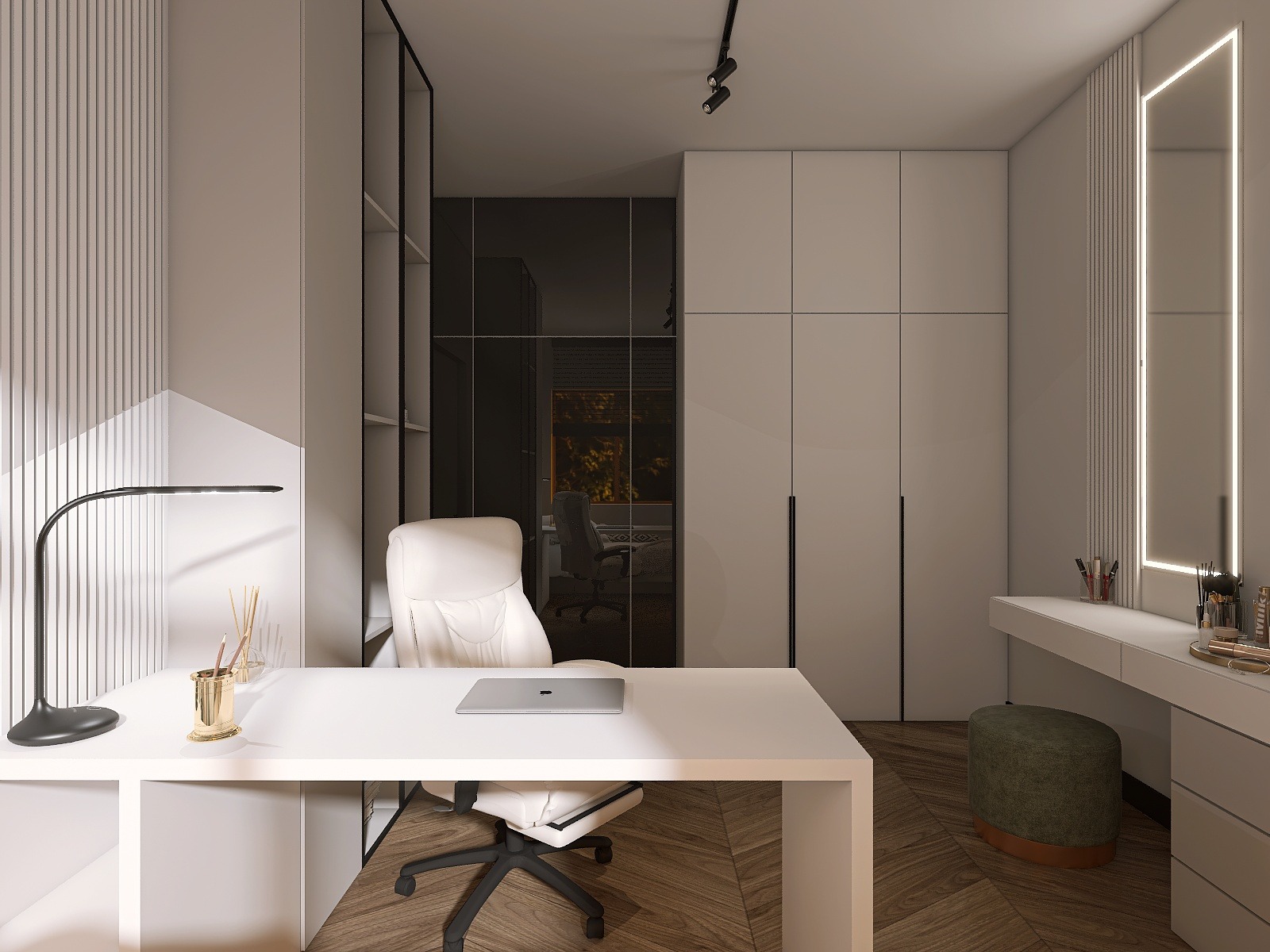 Nowoczesny gabinet z biurkiem, laptopem i eleganckim oświetleniem. Minimalistyczny design, drewniana podłoga, szafy w zabudowie i lustro z podświetleniem LED.