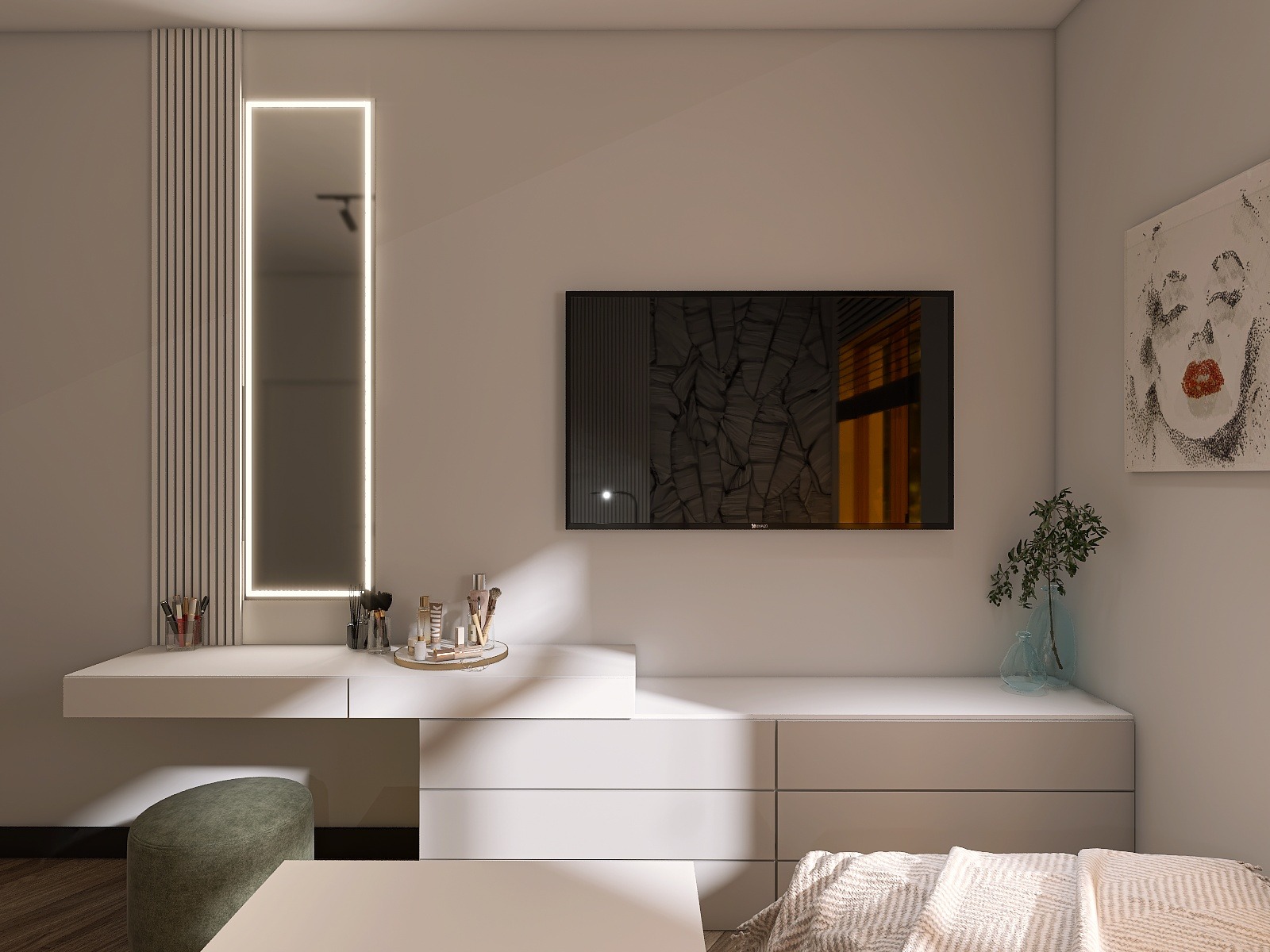 Nowoczesna sypialnia z toaletką z podświetlanym lustrem i minimalistycznym wystrojem. Na ścianie wisi telewizor i obraz. Stonowana kolorystyka.