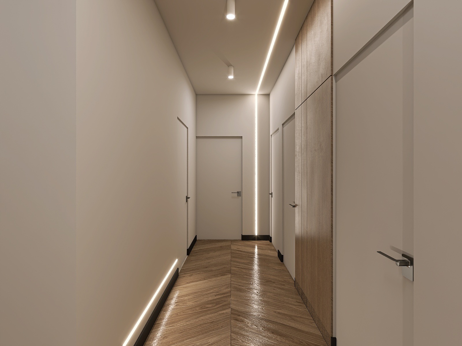 Nowoczesny korytarz z parkietem w jodełkę, oświetleniem LED wzdłuż ścian i sufitu, oraz zabudową meblową z drewnianymi frontami. Minimalistyczny design.