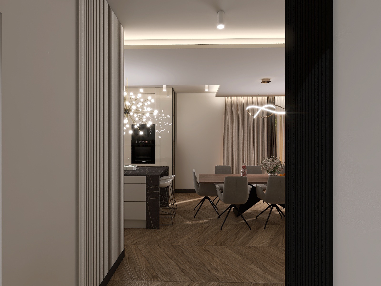Nowoczesne wnętrze: kuchnia z wyspą i jadalnia z drewnianą podłogą w jodełkę, oświetlone designerskimi lampami. Widok przez dekoracyjne panele ścienne.
