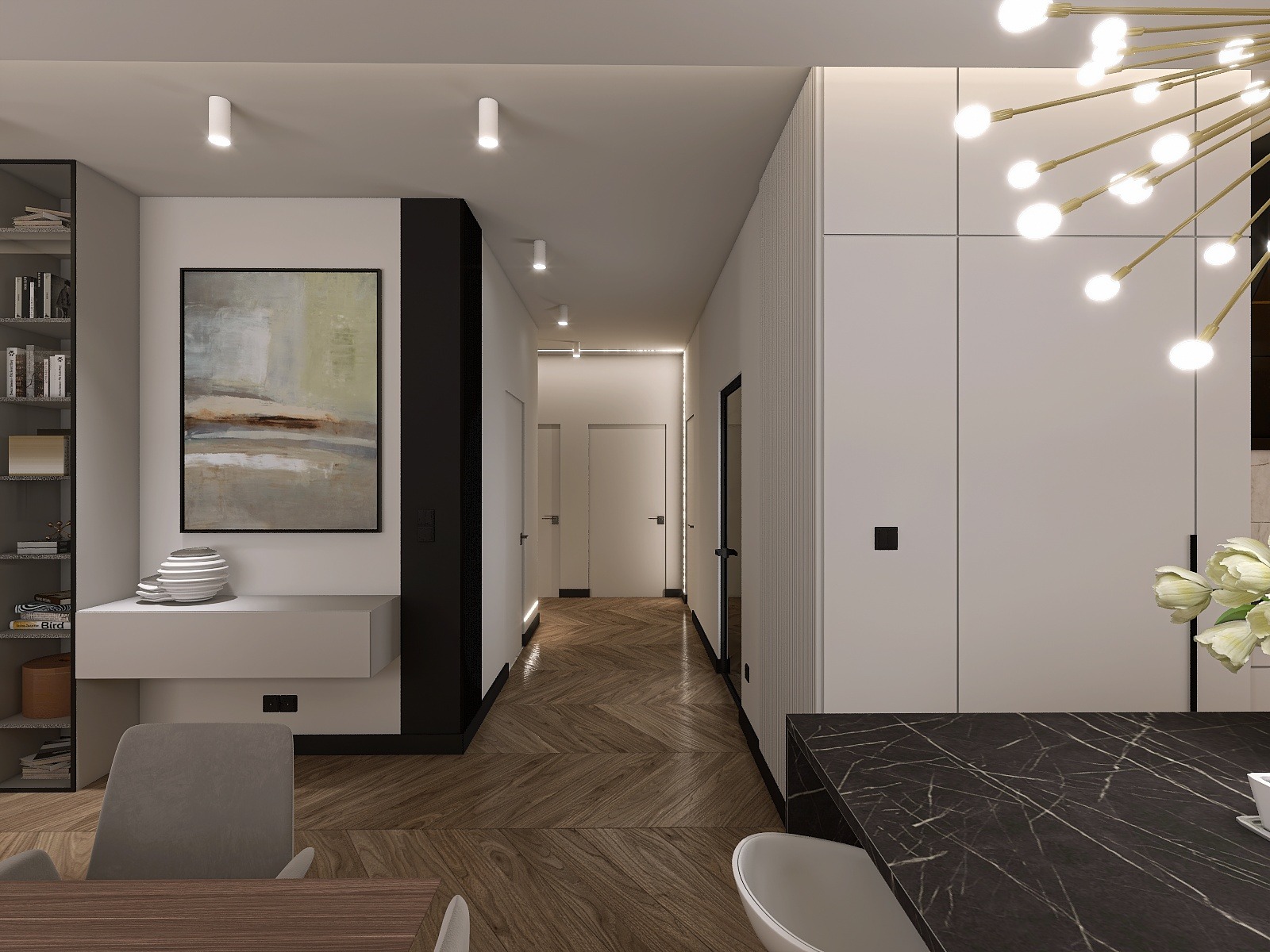 Nowoczesne wnętrze mieszkania w Warszawie: parkiet w jodełkę, abstrakcyjny obraz, designerska lampa i minimalistyczne meble w bieli i czerni.