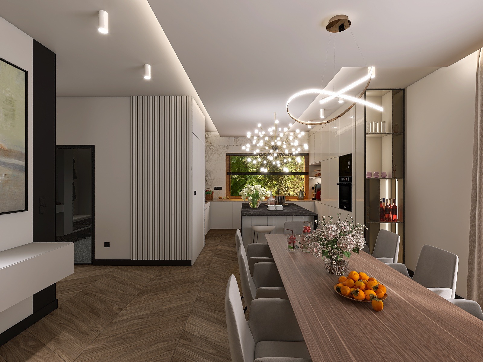 Nowoczesna aranżacja wnętrza z długim stołem jadalnym, owocami i kwiatami. W tle widoczna kuchnia z wyspą i oknem z widokiem na zieleń. Całość w jasnej, stonowanej kolorystyce.