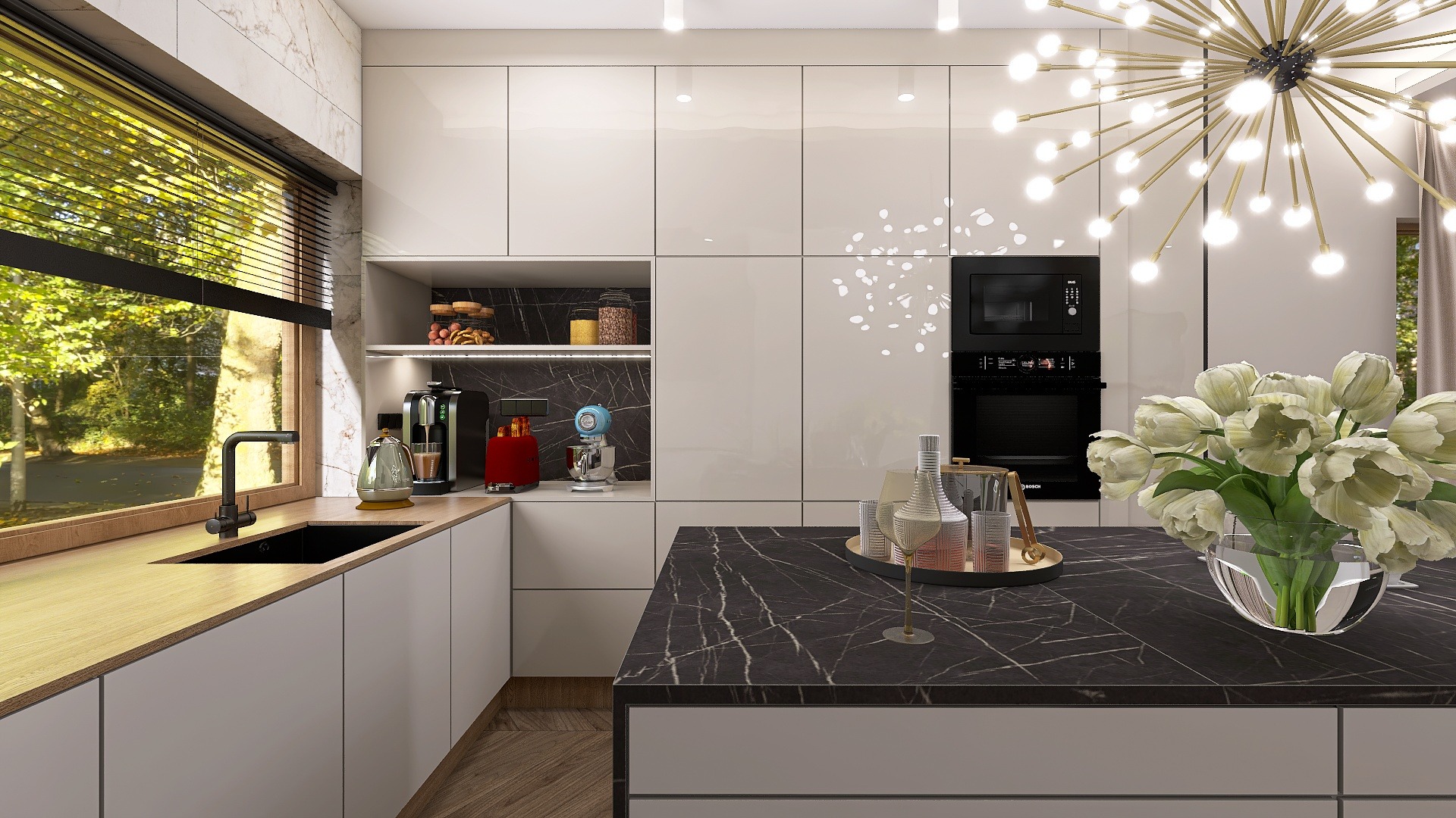 Nowoczesna, jasna kuchnia z marmurowym blatem i złotymi akcentami: lampa, armatura. Widok na zieleń za oknem. Projektowanie wnętrz z dbałością o detale.