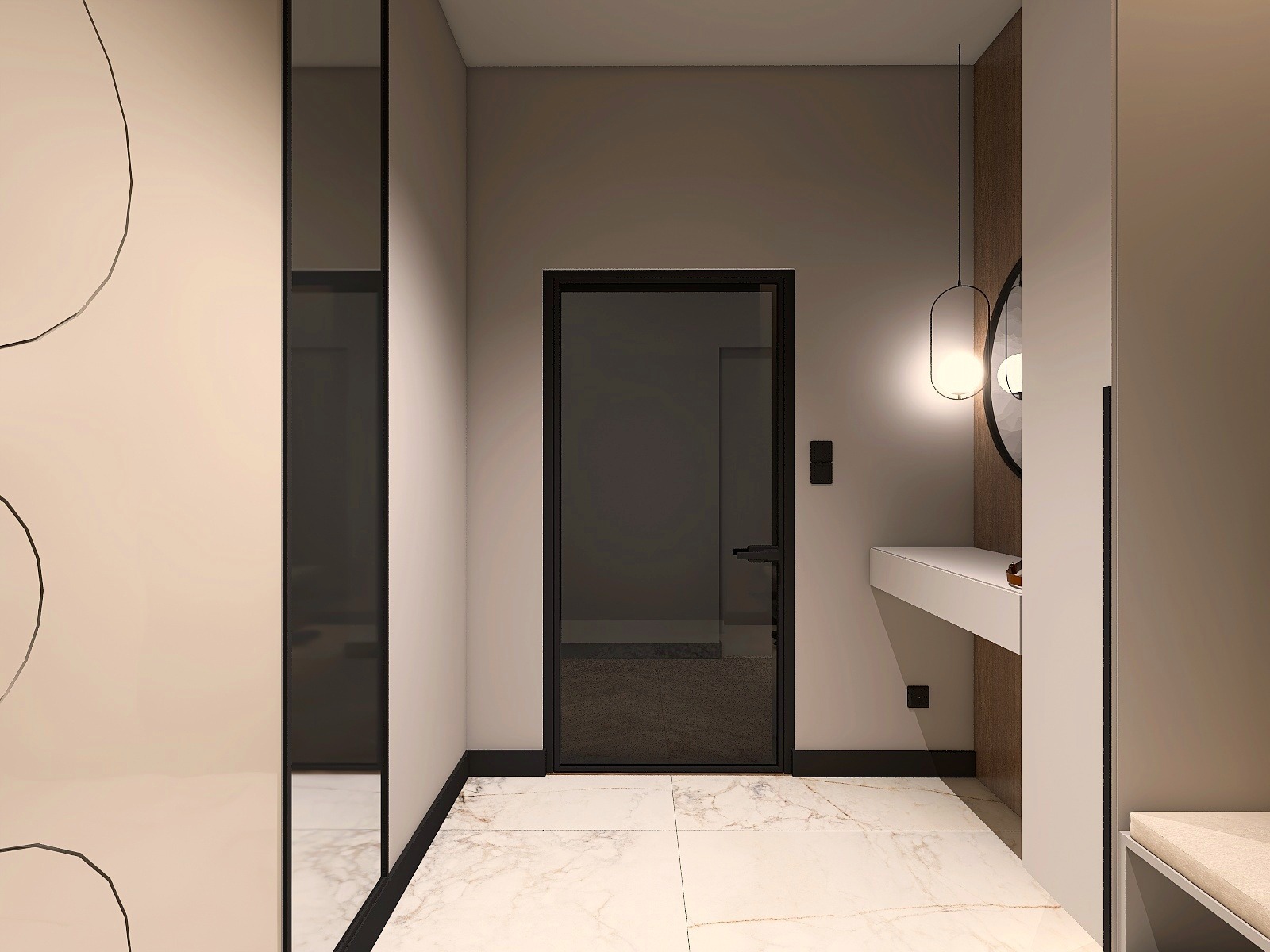 Nowoczesny przedpokój z marmurową posadzką, czarną ramą drzwi i okrągłym lustrem podświetlonym podłużną lampą. Minimalistyczna konsola i dekoracyjna ściana.