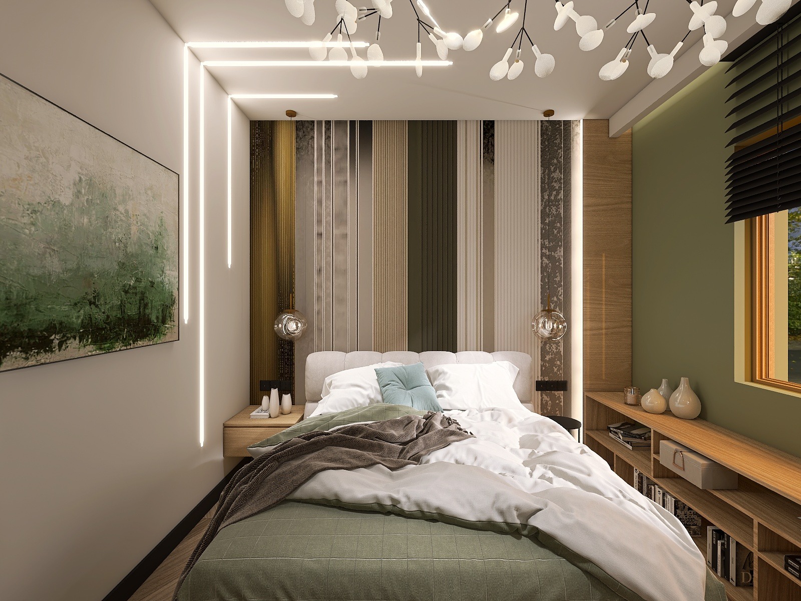 Nowoczesna sypialnia z łóżkiem, lampami wiszącymi i pionowymi panelami dekoracyjnymi. Obraz z zielonym motywem na ścianie. Oświetlenie LED podkreśla pionowe linie.