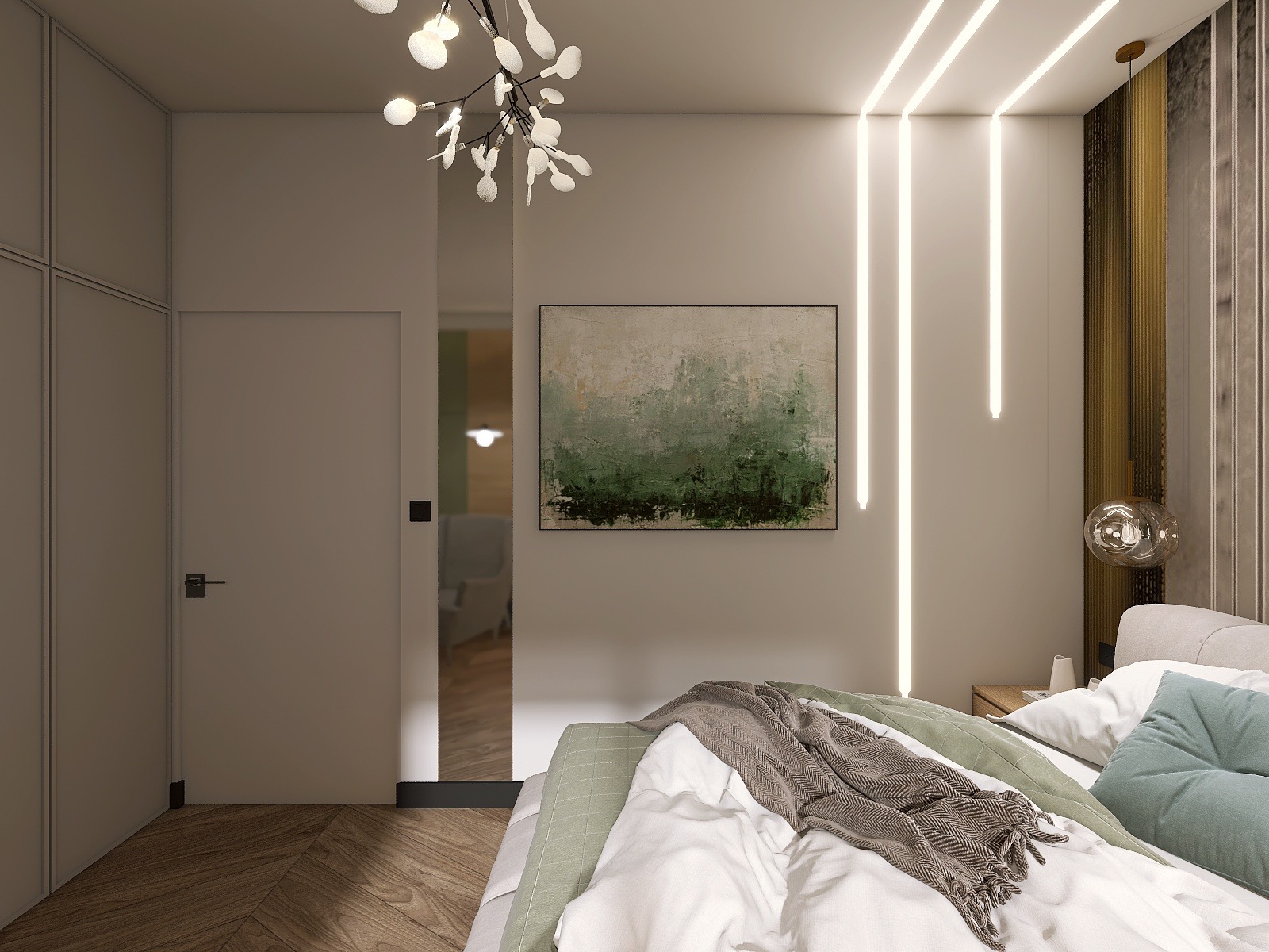 Nowoczesna sypialnia z łóżkiem, obrazem w zieleni i pionowymi lampami LED. Widoczne parkiet w jodełkę i lustro w drzwiach.