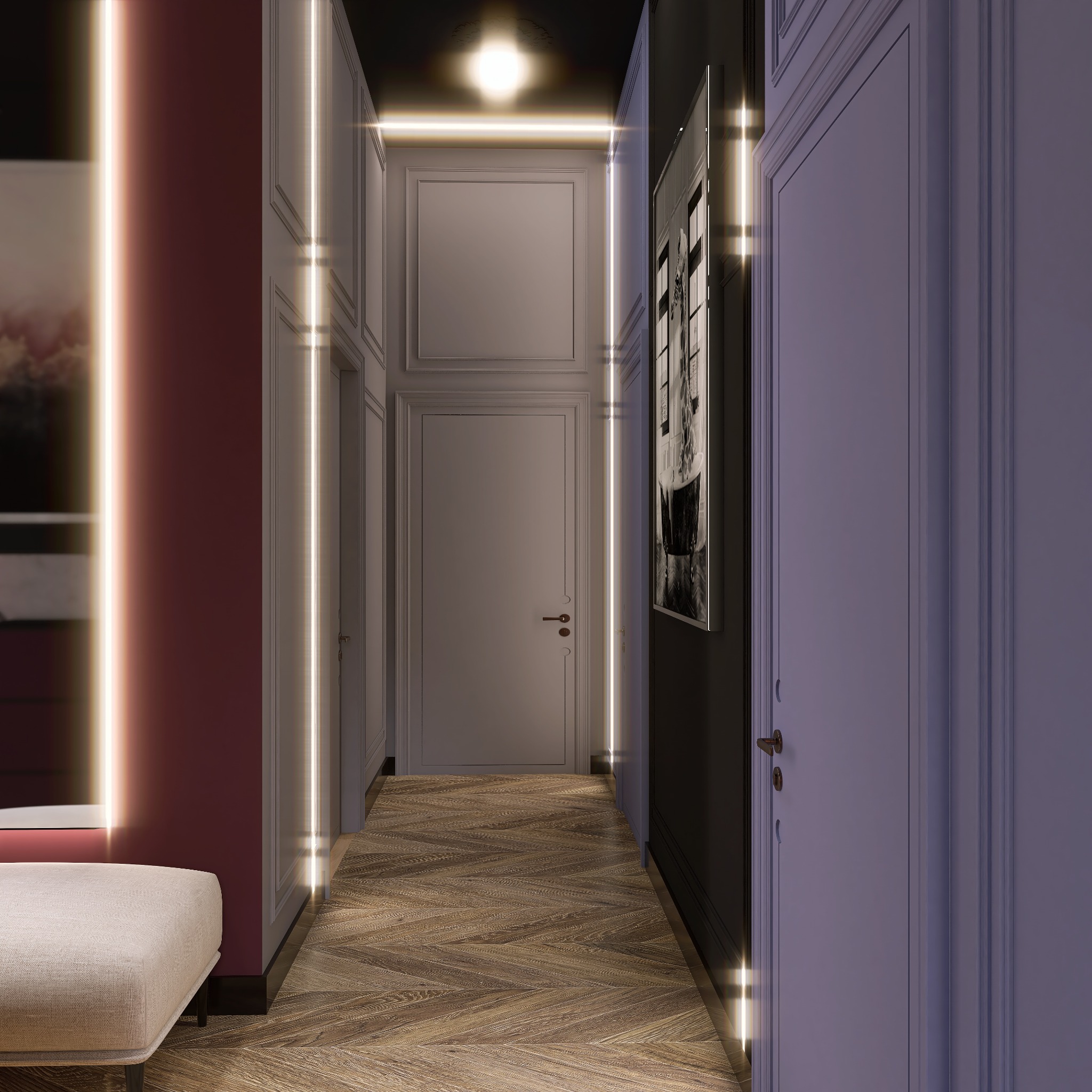 Nowoczesny korytarz z parkietem w jodełkę, oświetleniem LED wzdłuż ścian i minimalistyczną sztuką. Elementy bordowe i fioletowe dodają elegancji.