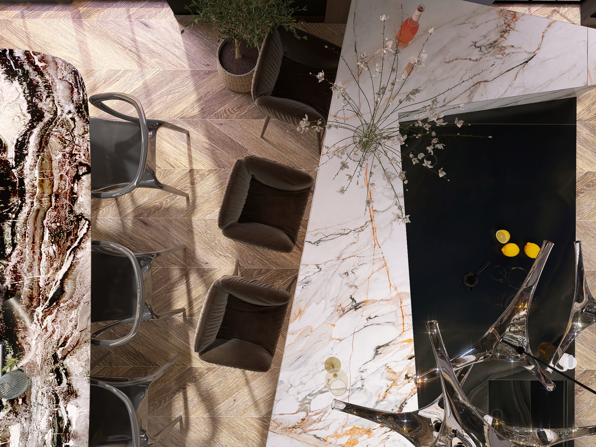 Widok z góry na luksusową jadalnię z marmurowymi blatami, designerskimi krzesłami i parkietem w jodełkę. Centralnym punktem jest kompozycja kwiatowa.
