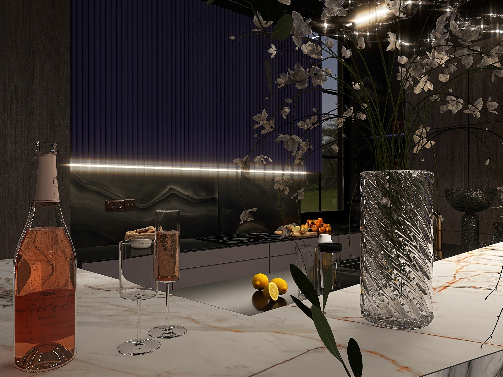 Nowoczesna kuchnia z marmurowym blatem, butelką różowego wina i kwiatami w szklanym wazonie. W tle widoczna zabudowa kuchenna z oświetleniem LED i dekoracyjna ściana.