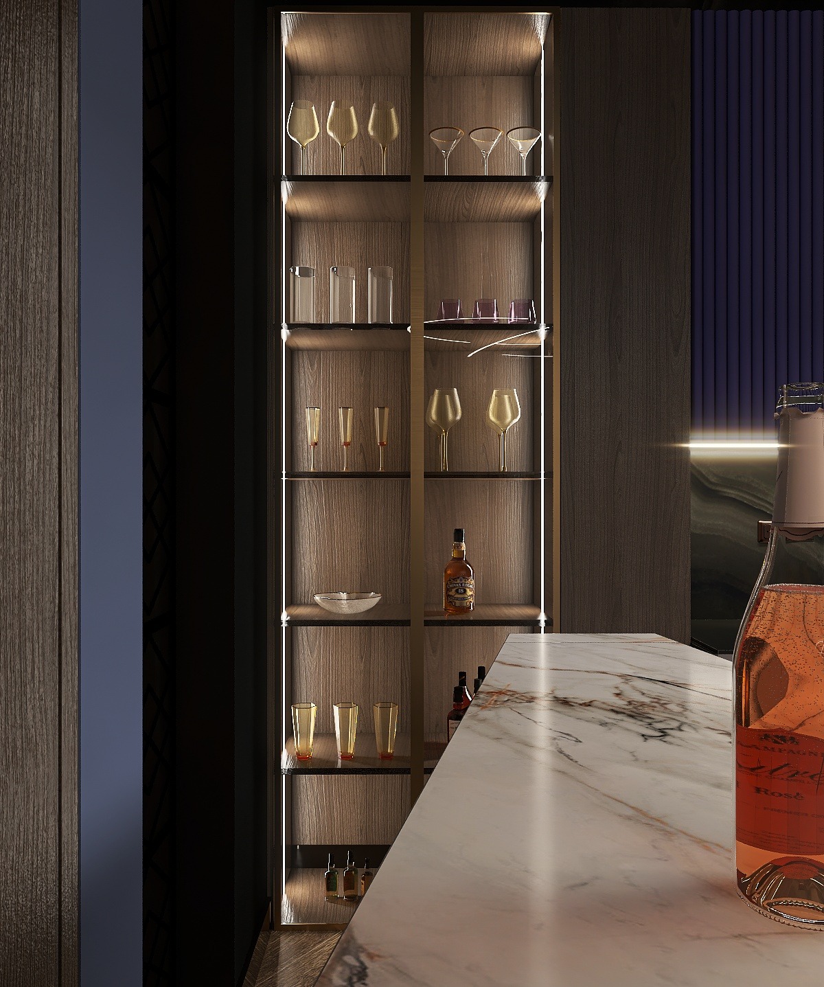 Podświetlana szafka barowa z drewnianym wykończeniem, wypełniona szkłem i butelkami, z blatem z marmuru i butelką różowego wina na pierwszym planie.