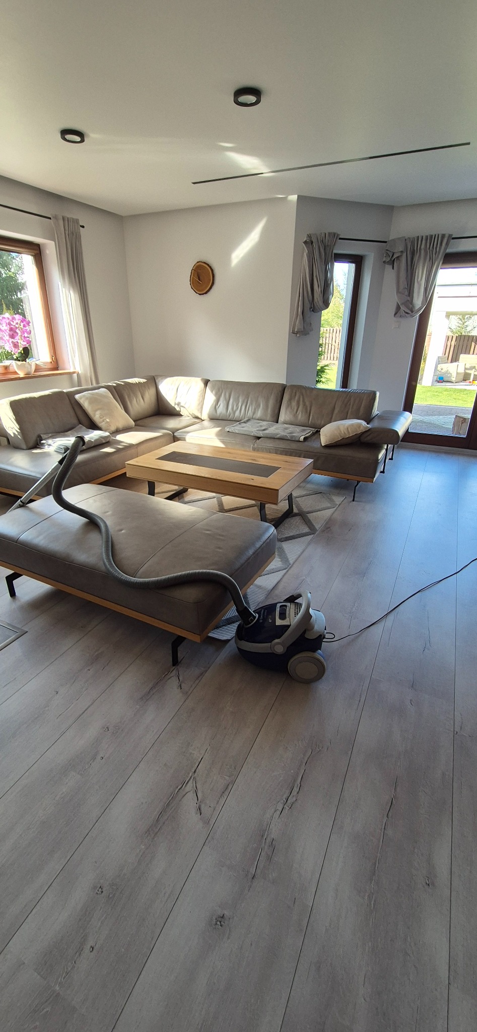 Szary narożnik z poduszkami, drewniany stolik kawowy i odkurzacz Electrolux na panelach podłogowych w jasnym salonie z oknami i wyjściem na ogród.