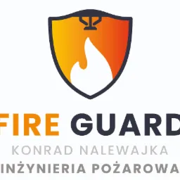 Logo firmy Fire Guard: stylizowany płomień w tarczy, pod nim nazwa firmy i dane kontaktowe Konrad Nalewajka Inżynieria Pożarowa.