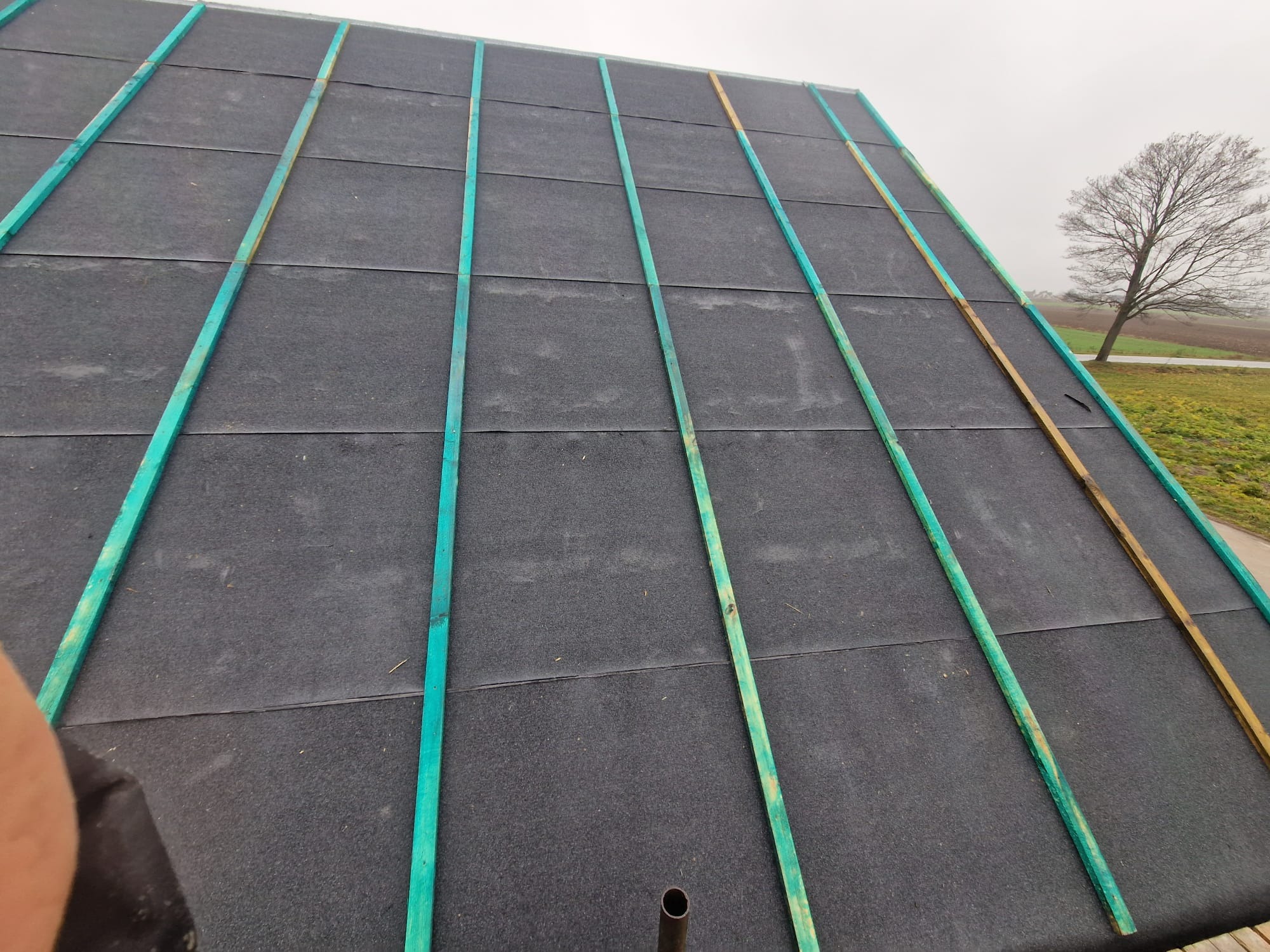 Przygotowanie podłoża na dachu z papy bitumicznej z użyciem listew dociskowych, widok na krajobraz z drzewem w tle.