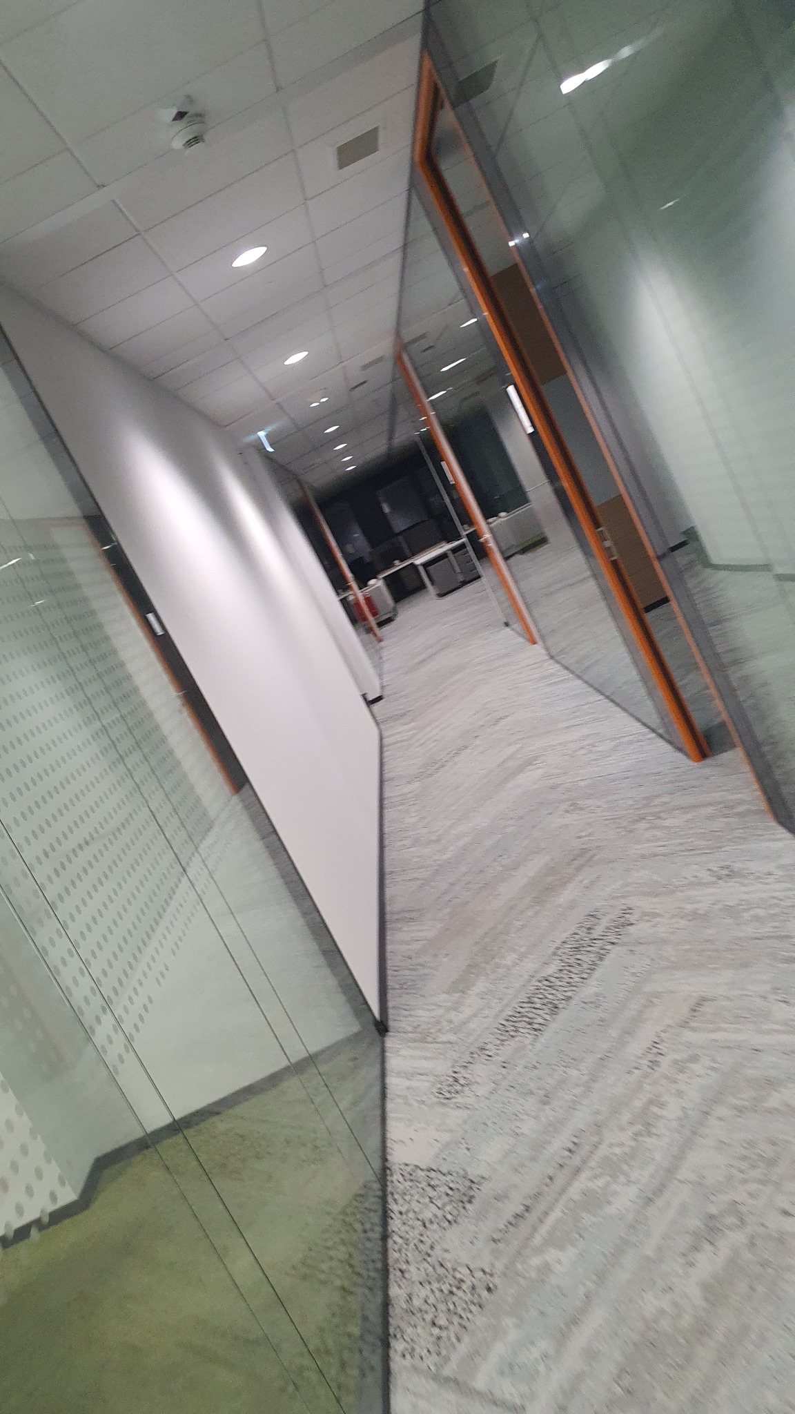 Długi korytarz biurowy z przeszklonymi ścianami, oświetlony panelami LED w suficie podwieszanym. Widoczny system detekcji pożaru.