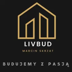 Logo firmy budowlanej Livbud Marcin Skrzat z motywem domu w kolorze złotym na czarnym tle i hasłem 'Budujemy z pasją'.