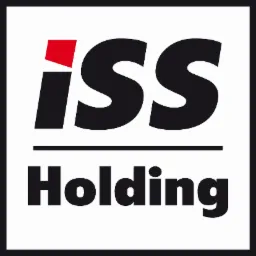 Logo firmy ISS Holding z czerwonym akcentem nad literą 'i' i czarnym obramowaniem.