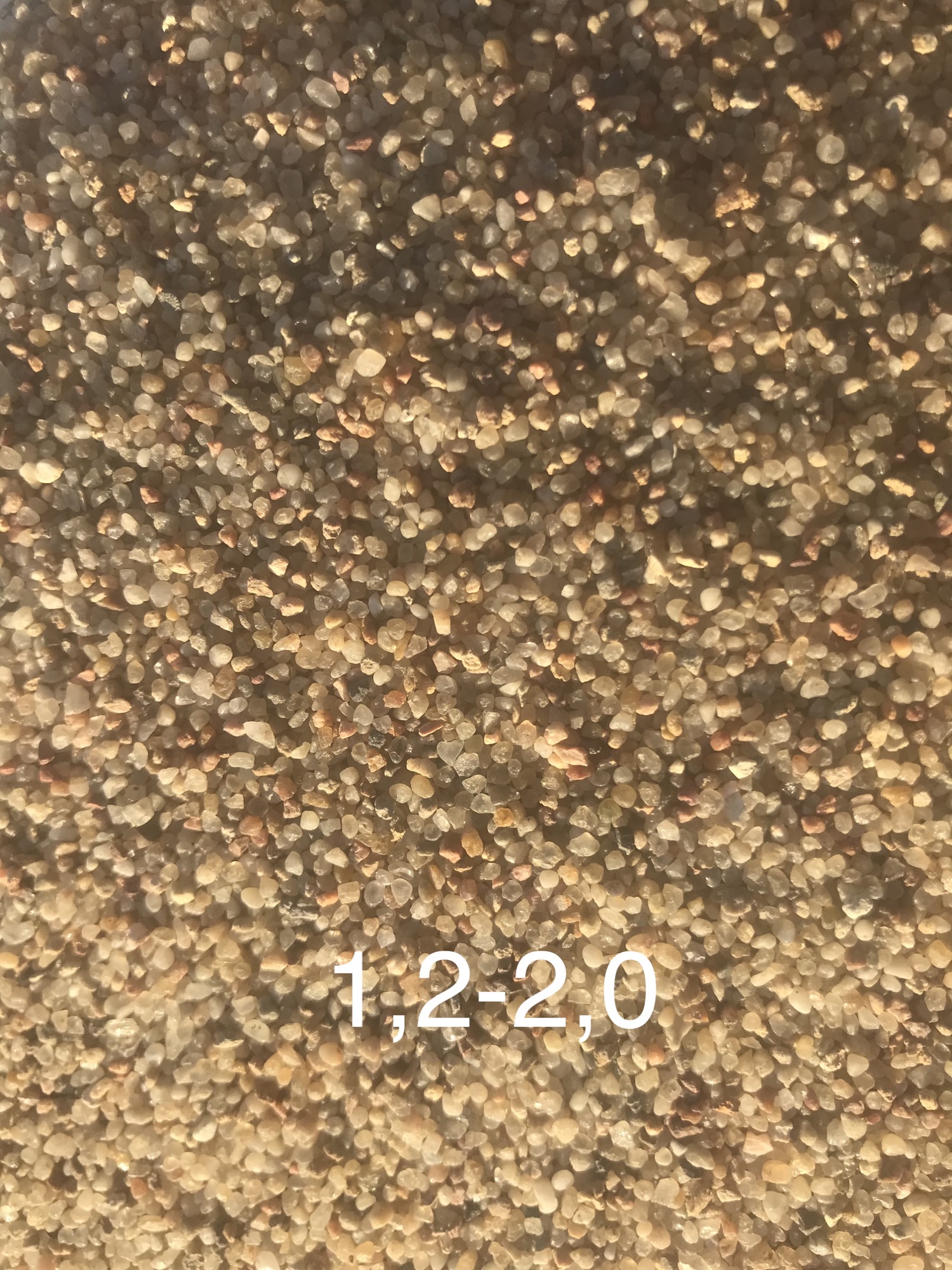 Drobny, jasny materiał sypki o granulacji 1,2-2,0 mm, widoczne pojedyncze ziarenka w odcieniach beżu, brązu i bieli.