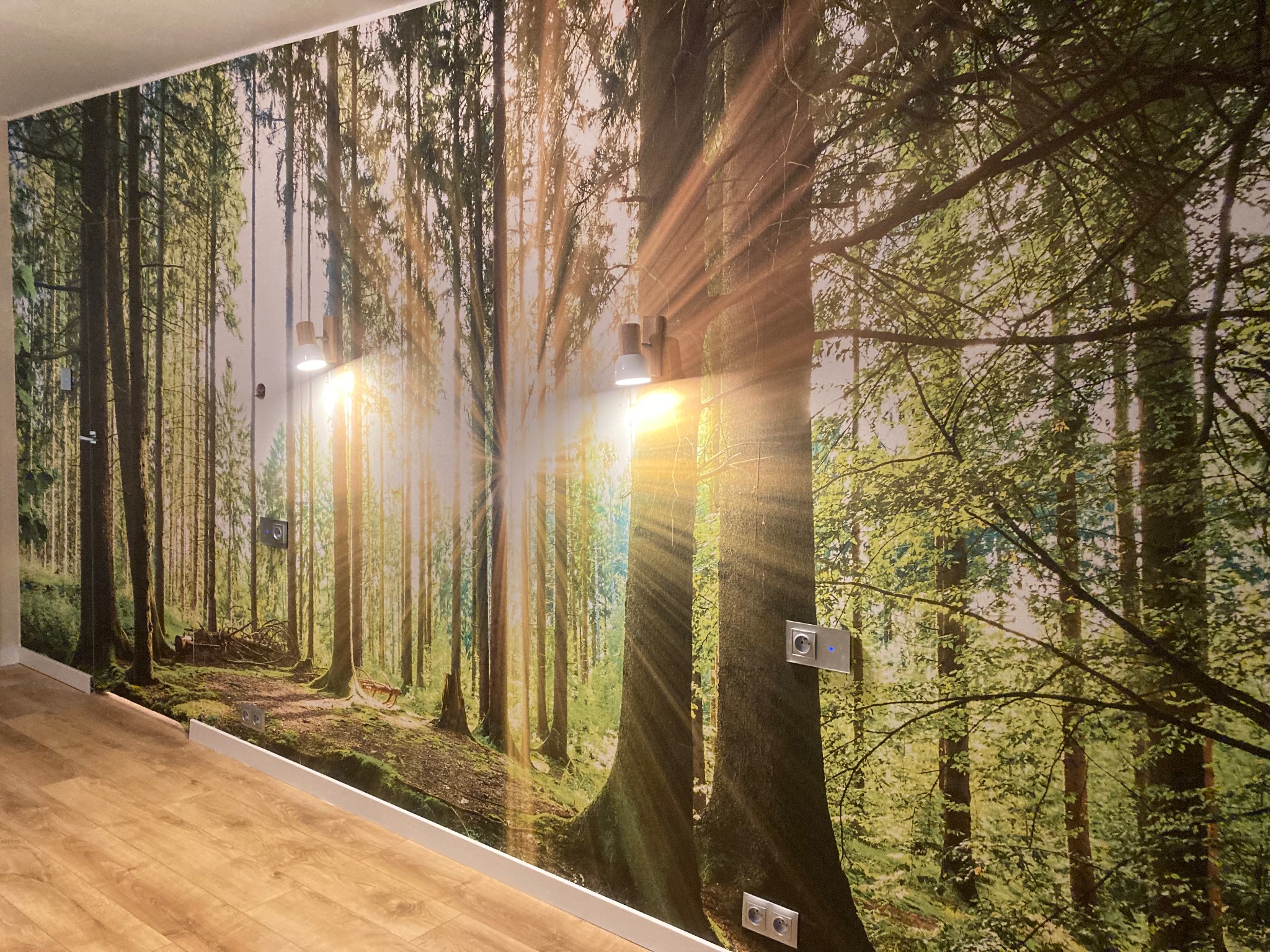 Fototapeta z motywem leśnym na ścianie, oświetlona lampami ściennymi. Widoczna podłoga z paneli i gniazdka elektryczne. Realistyczny druk, imitacja głębi lasu.
