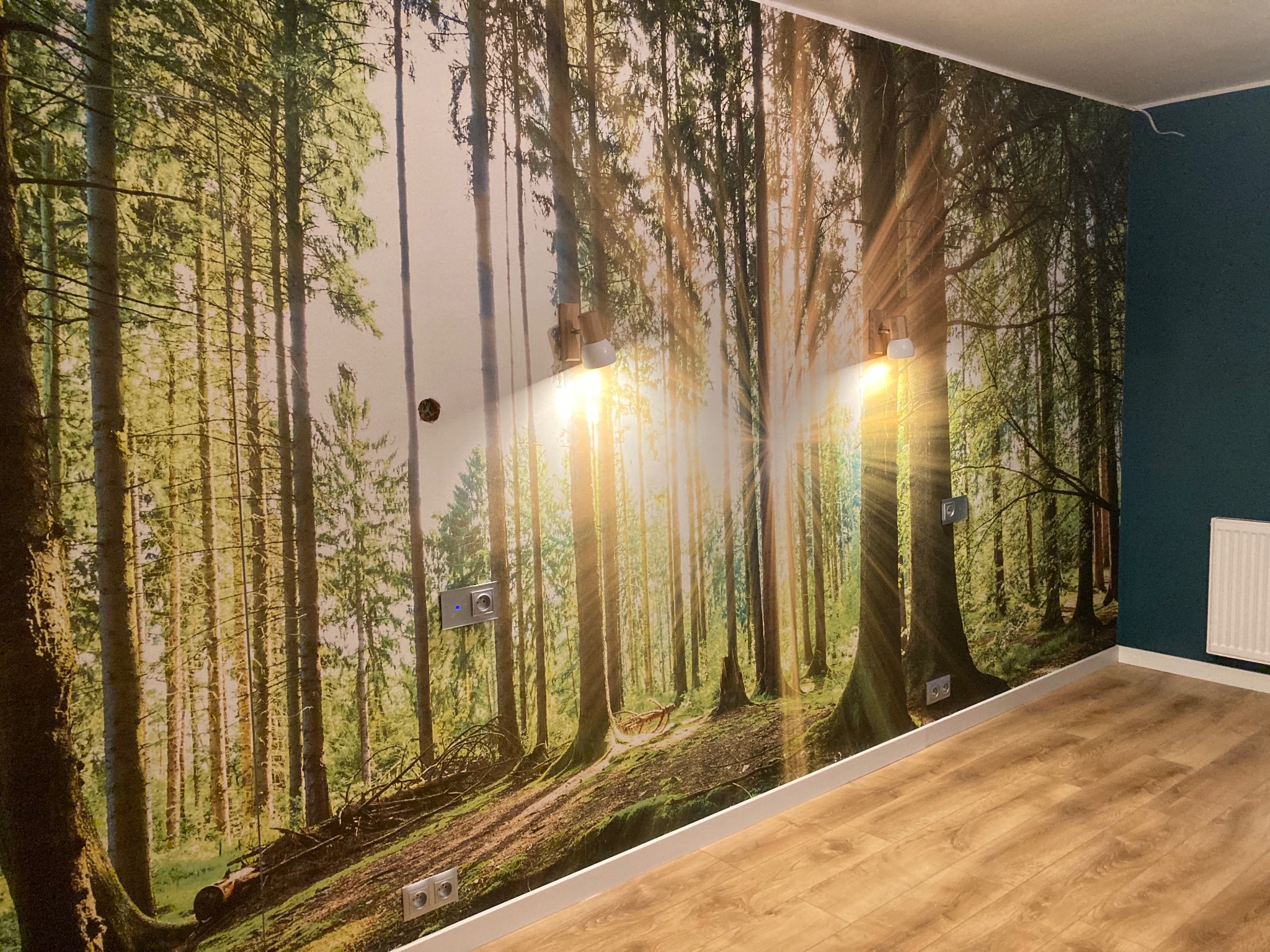 Pokój z fototapetą leśną, oświetleniem punktowym i panelami podłogowymi. Widoczne gniazdka elektryczne i włączniki. Ściana pomalowana na ciemny kolor.