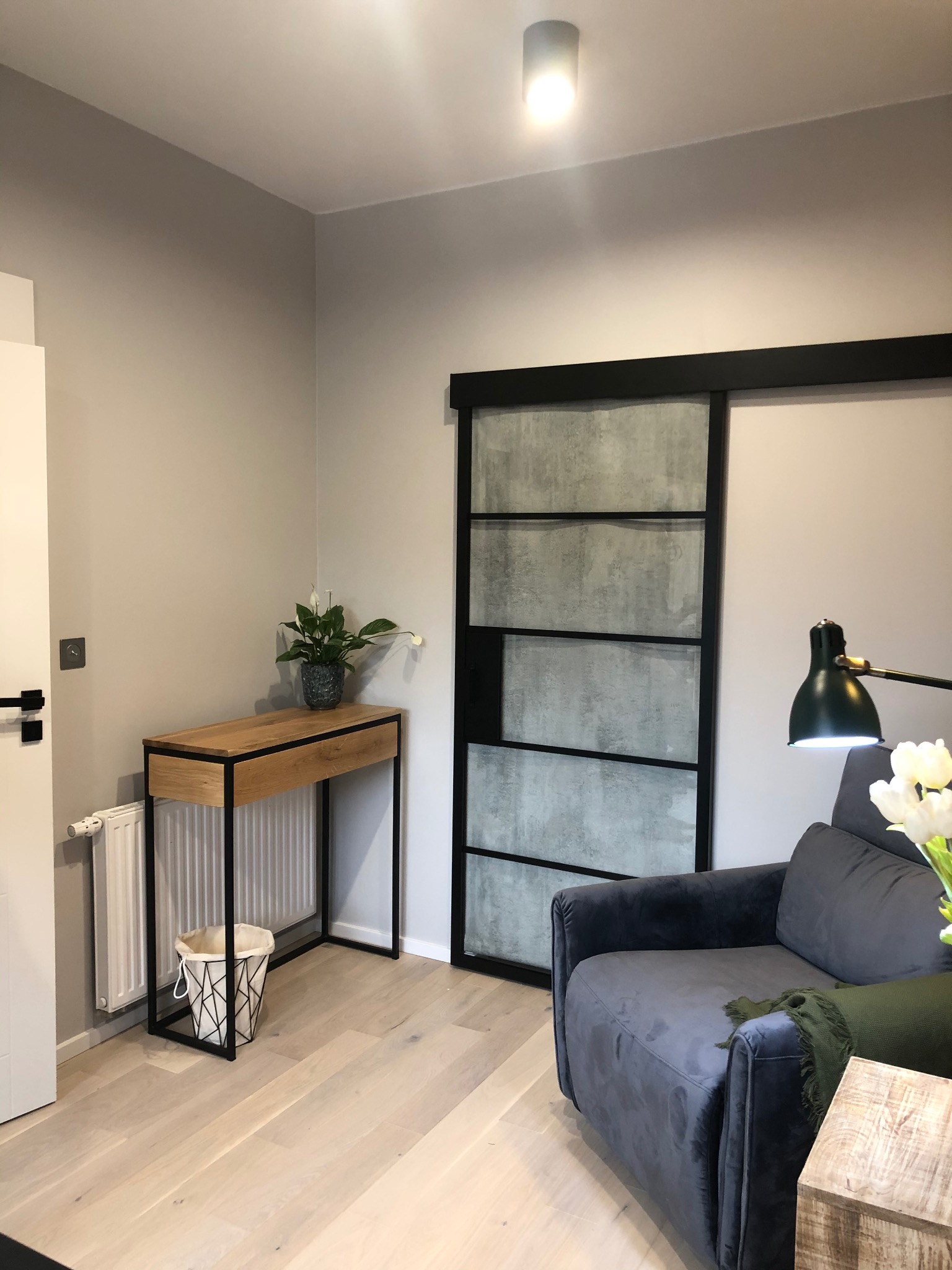 Stylowe wnętrze: szara ściana, drewniana podłoga, biurko z rośliną, sofa z lampą i przesuwne drzwi z betonowymi panelami. Minimalistyczny design.
