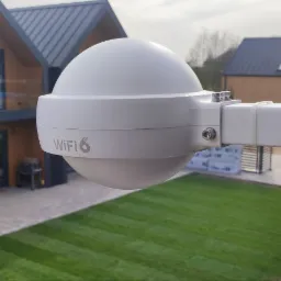 Biały punkt dostępowy WiFi 6 zamontowany na zewnątrz nowoczesnego domu z trawnikiem, widok z bliska na urządzenie i architekturę budynku.