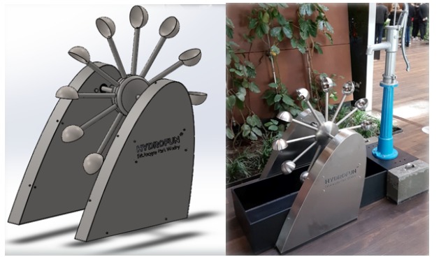 Porównanie modelu 3D i gotowego produktu: metalowa instalacja wodna Hydrofun z łopatkami w kształcie półkul, obok niebieska pompa wodna, tło z roślinami.
