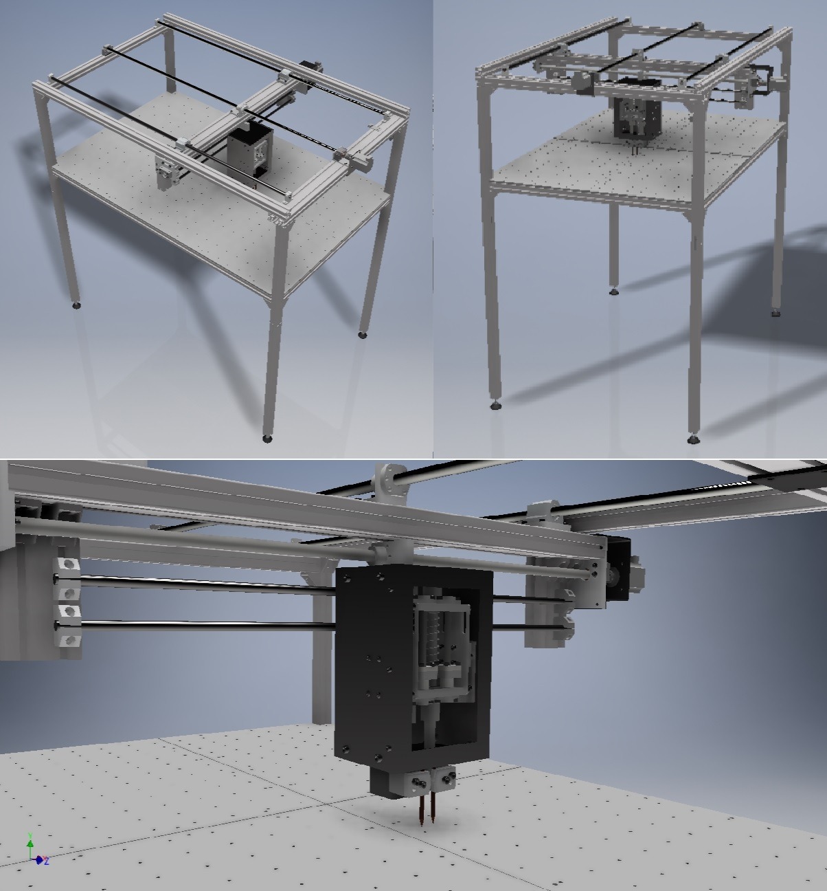 Model 3D precyzyjnej maszyny z aluminiową ramą, czarną głowicą roboczą i systemem prowadnic liniowych, widoczne śruby i otwory montażowe na stole roboczym.