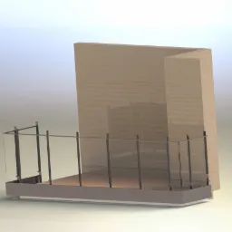 Wizualizacja 3D balkonu z drewnianą ścianą, szklanymi balustradami i drewnianą podłogą, prezentująca projekt architektoniczny.