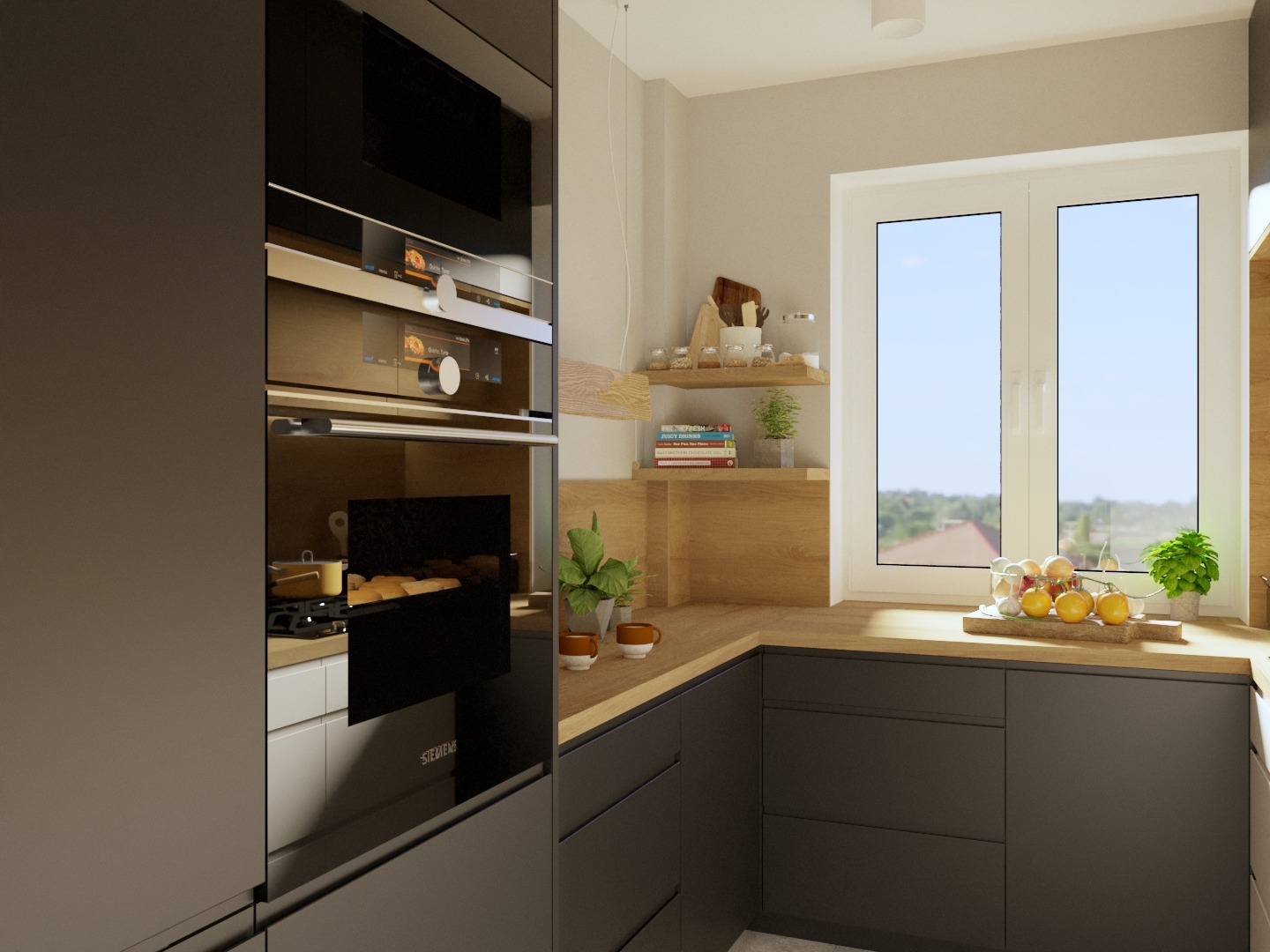 Nowoczesna kuchnia z zabudową w odcieniach szarości, drewnianym blatem i półkami, z widokiem na zewnątrz przez duże okno. Na blacie owoce i zioła w doniczce. Wbudowany piekarnik marki Siemens.