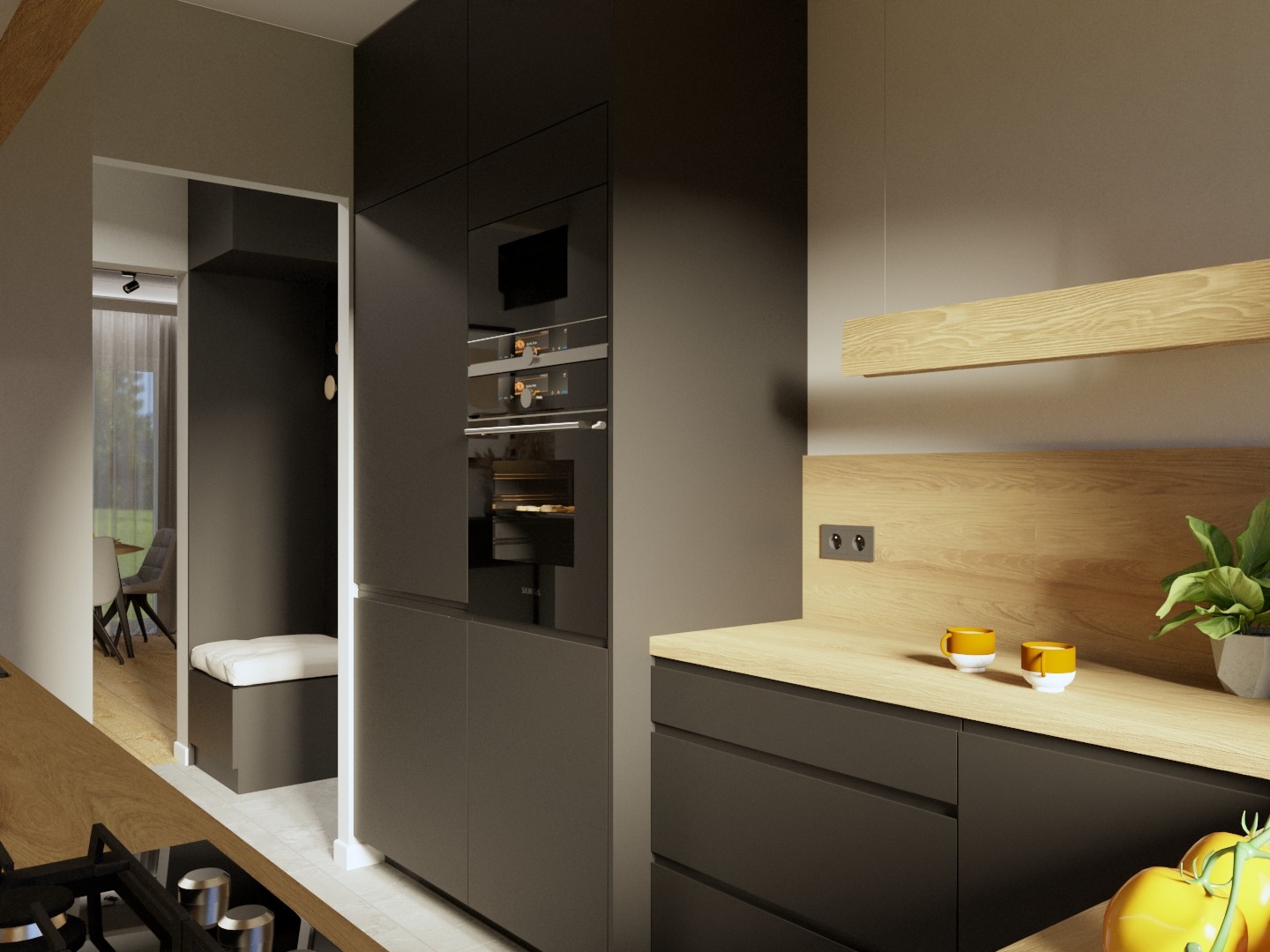 Nowoczesna, minimalistyczna kuchnia w Łodzi z zabudową w kolorze grafitowym, drewnianym blatem i oświetleniem, widok na jadalnię z siedziskiem w tle.
