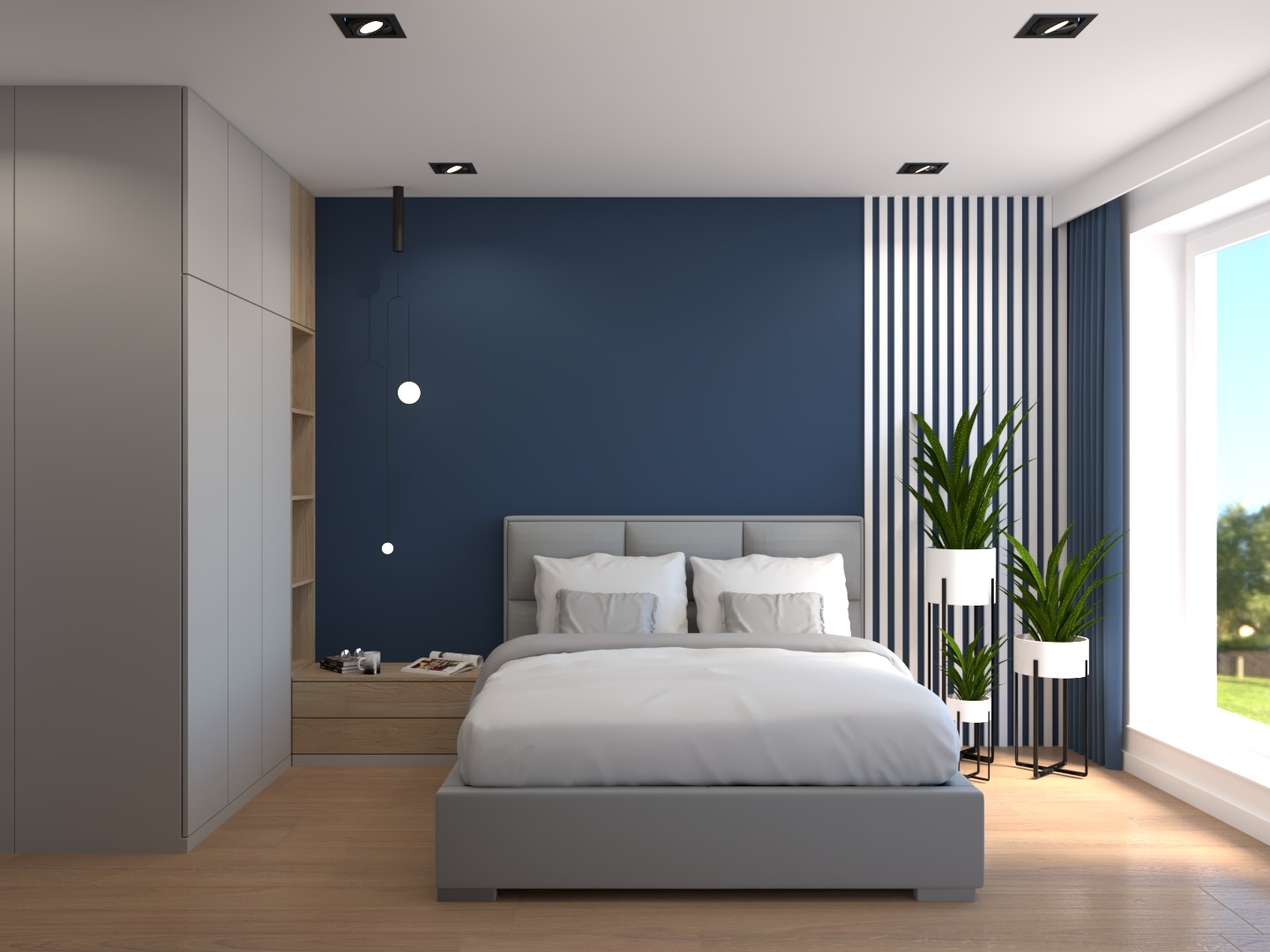 Nowoczesna sypialnia z łóżkiem w szarej ramie, granatową ścianą akcentową, pionowymi paskami, wysokimi roślinami w białych donicach i minimalistycznym oświetleniem punktowym.