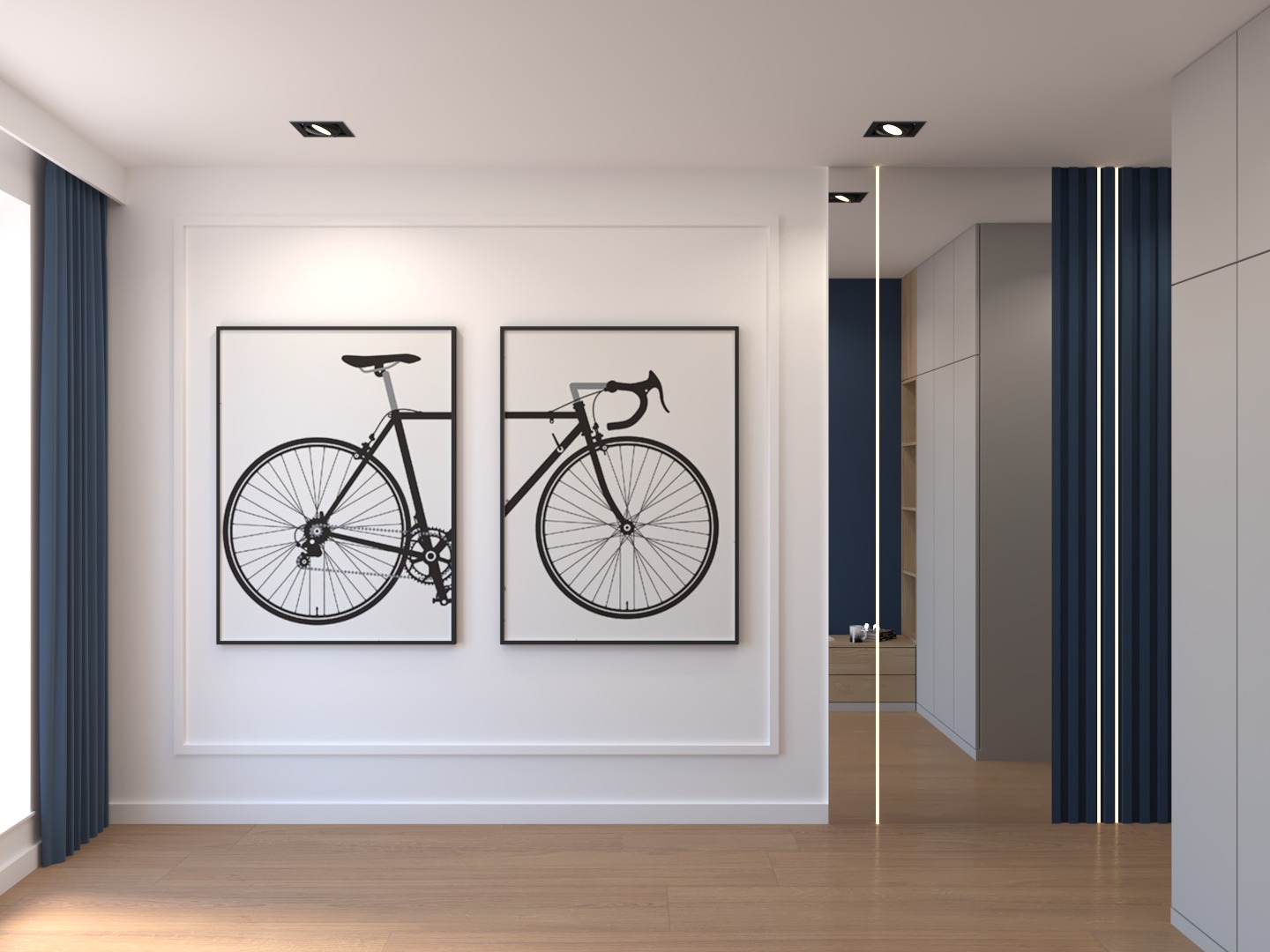 Minimalistyczny salon z drewnianą podłogą, białymi ścianami z dekoracyjnymi ramami i czarnymi grafikami rowerów, niebieskie zasłony w oknie po lewej stronie.