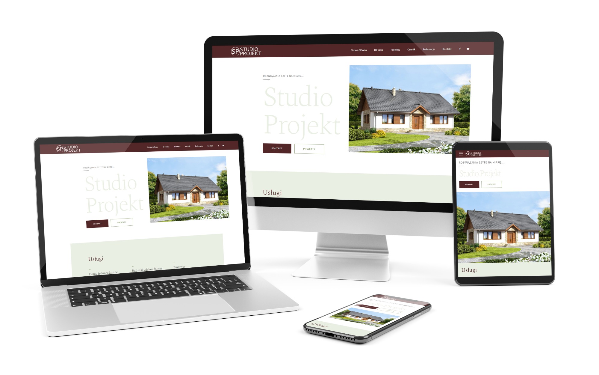 Responsywna strona internetowa firmy z Siedlec prezentowana na laptopie, monitorze i smartfonie, z widocznym projektem domu jednorodzinnego.