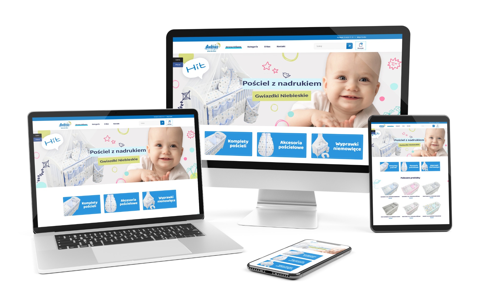 Responsywny układ strony internetowej z ofertą pościeli dla dzieci, wyświetlany na laptopie, monitorze, tablecie i smartfonie, prezentujący spójny design i funkcjonalność na różnych urządzeniach.