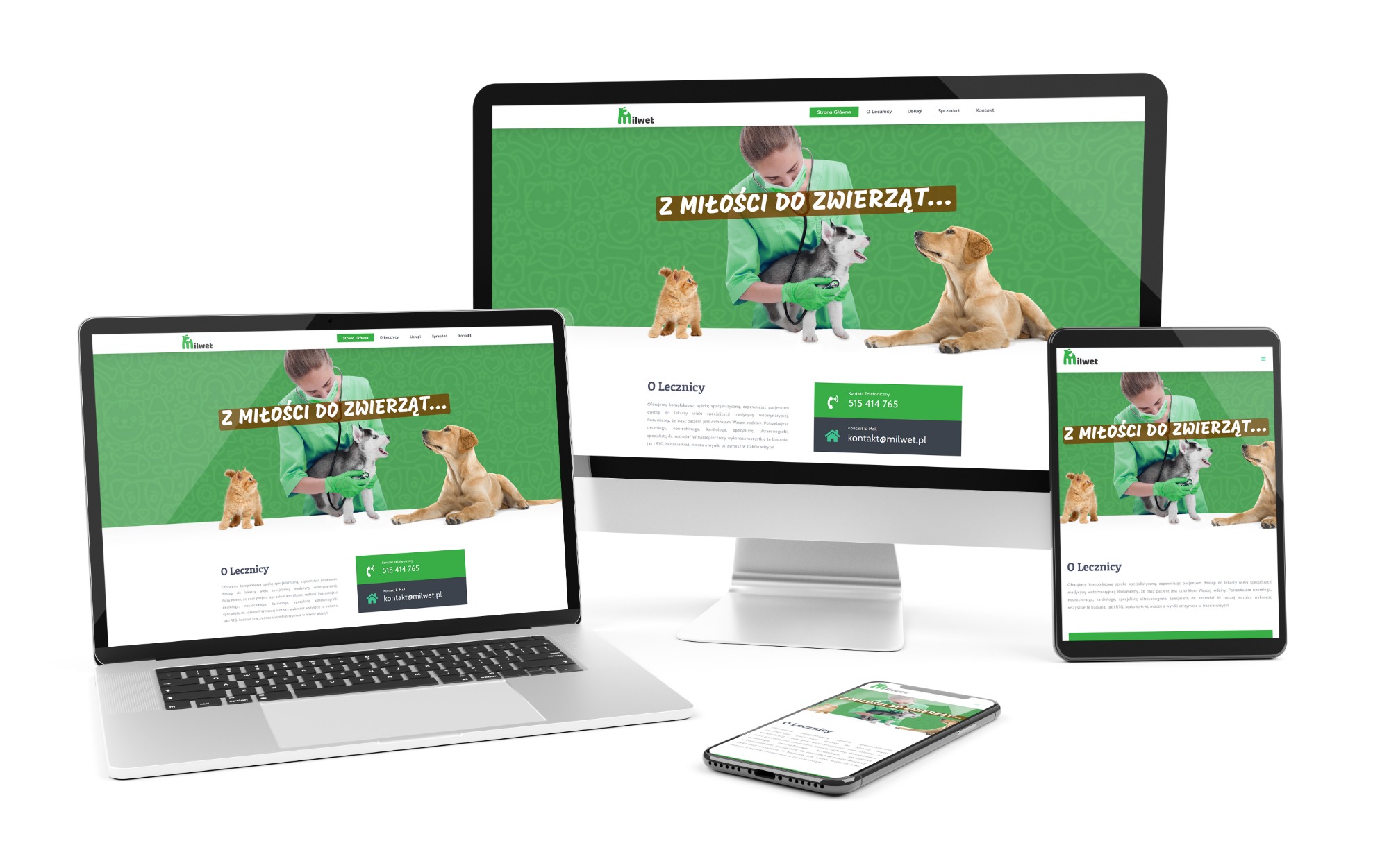 Responsywny projekt strony internetowej dla lecznicy weterynaryjnej, prezentowany na laptopie, monitorze, tablecie i smartfonie, z zielonym tłem i grafiką przedstawiającą lekarza weterynarii z psami.