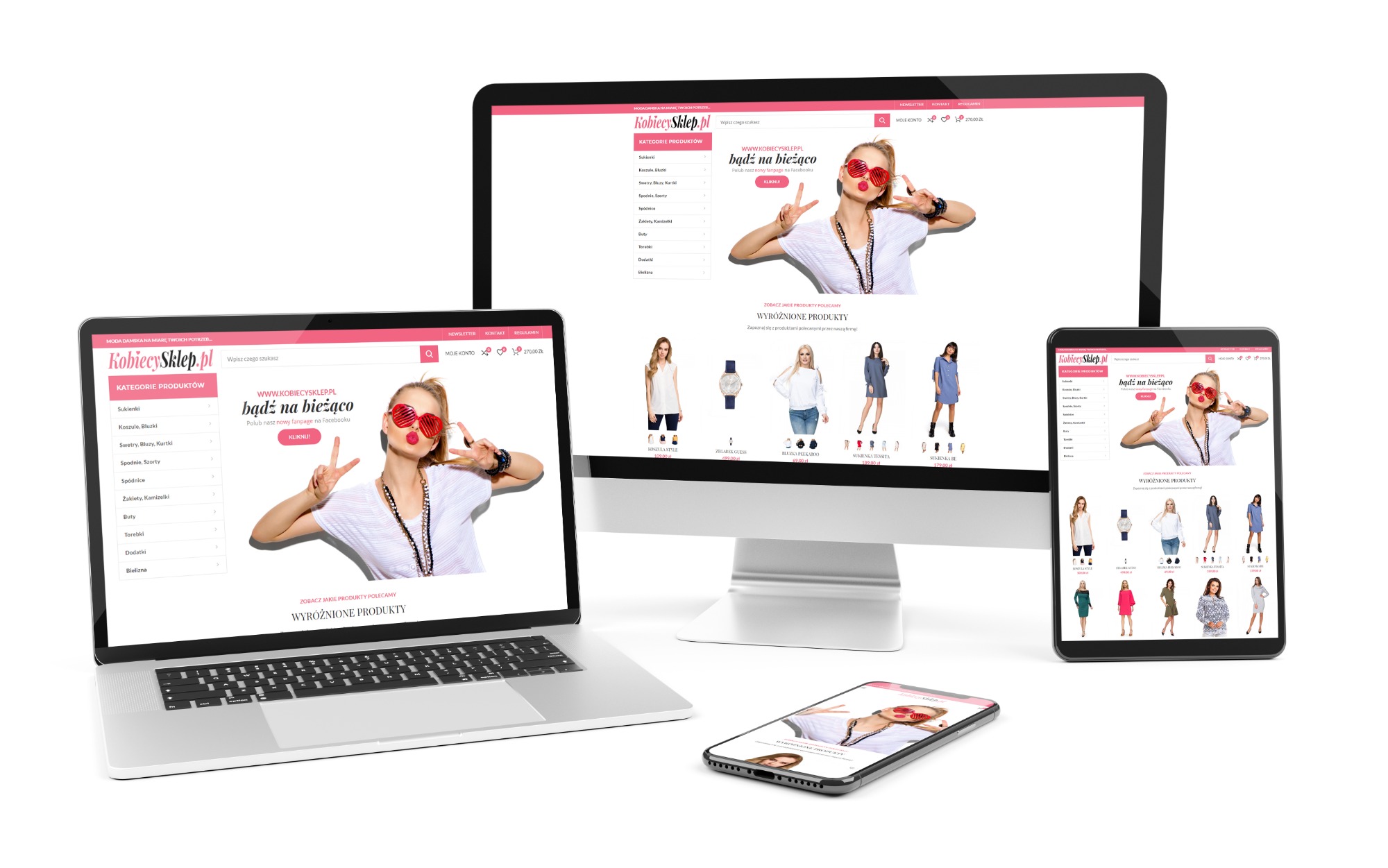 Responsywny układ strony sklepu internetowego z odzieżą damską, widoczny na laptopie, monitorze, tablecie i smartfonie, prezentujący stronę główną z kategorią produktów i promocyjną modelką...