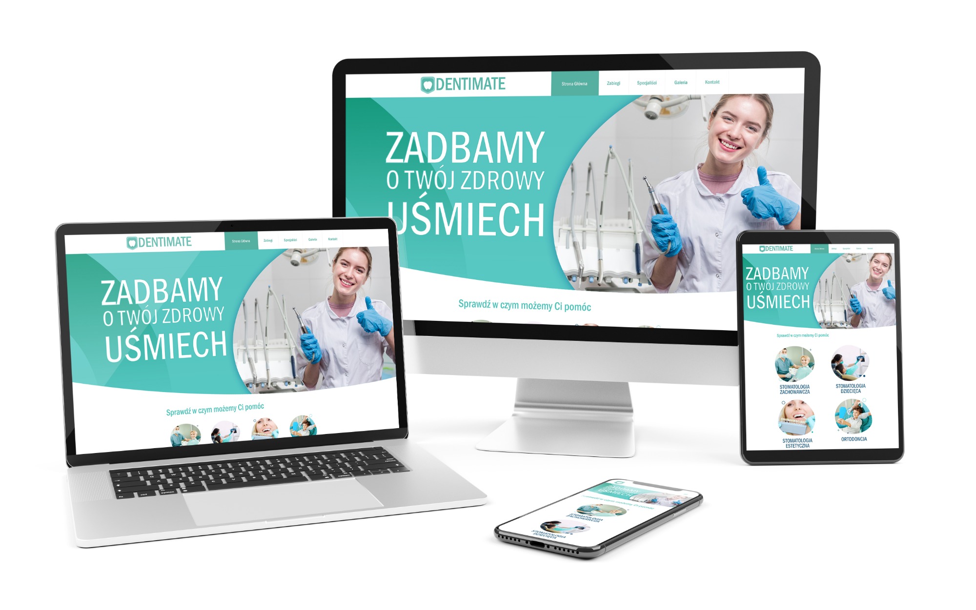 Responsywna strona internetowa dentysty na laptopie, monitorze, tablecie i smartfonie, wyświetlająca uśmiechniętą dentystkę w rękawiczkach i z narzędziami, z tekstem 'Zadbamy o Twój zdrowy uśmiech'.